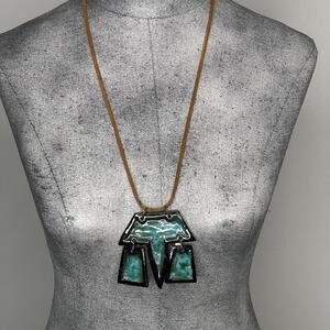 Artisan pendant necklace hand made jewelry painted fired ceramic teal black FLAW
